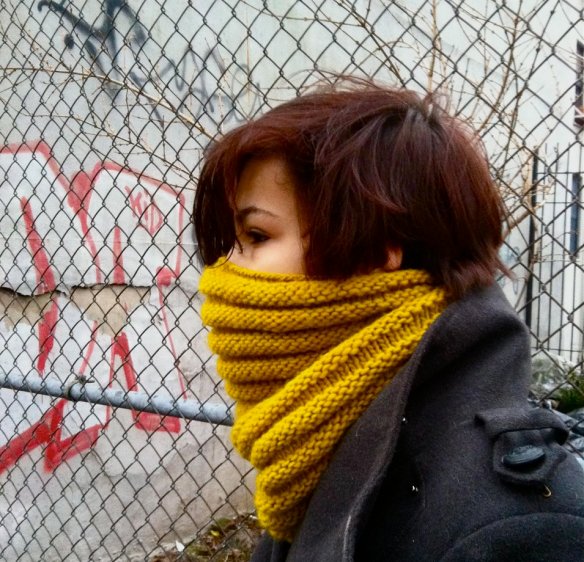 Oona modeling the super warm knitted bike cowl