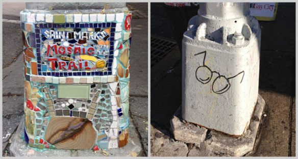 Elaborate lampost art on the Mosaic Trail on the left. And a whimsical Harry Potter tag on the right
